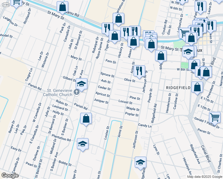 map of restaurants, bars, coffee shops, grocery stores, and more near 777 Hickory St in Thibodaux