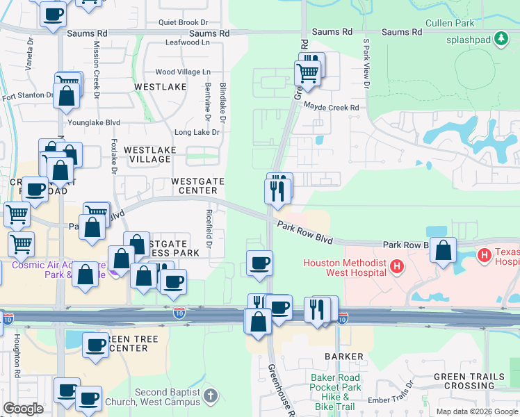 map of restaurants, bars, coffee shops, grocery stores, and more near 1922 Greenhouse Road in Houston