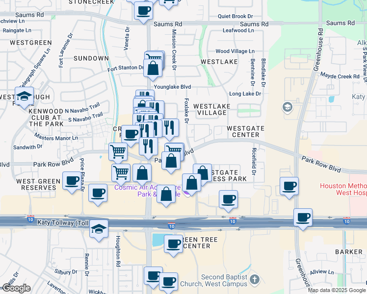 map of restaurants, bars, coffee shops, grocery stores, and more near 1718 Fry Road in Houston
