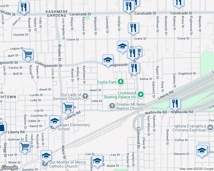 map of restaurants, bars, coffee shops, grocery stores, and more near 4914 Evella Street in Houston