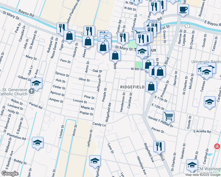 map of restaurants, bars, coffee shops, grocery stores, and more near 100-106 Young Place in Thibodaux