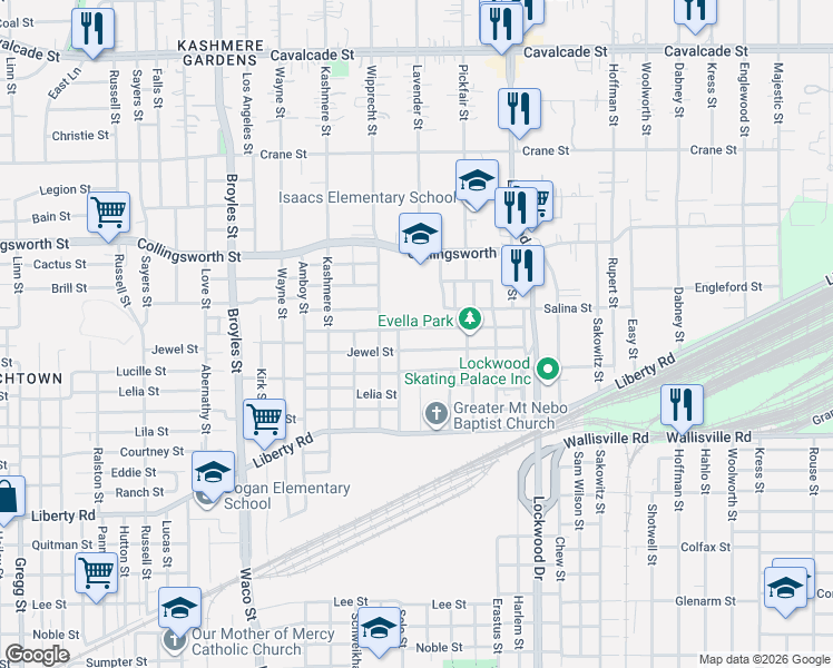 map of restaurants, bars, coffee shops, grocery stores, and more near 4914 Evella Street in Houston