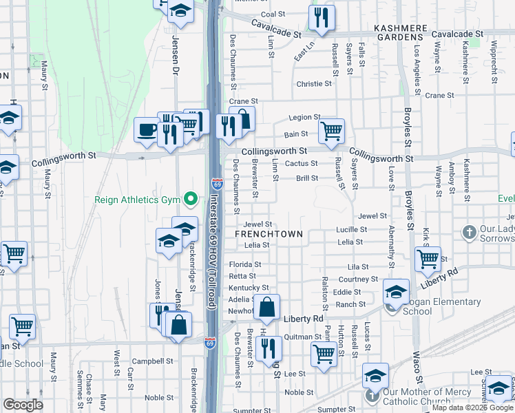 map of restaurants, bars, coffee shops, grocery stores, and more near 3210 Brewster Street in Houston