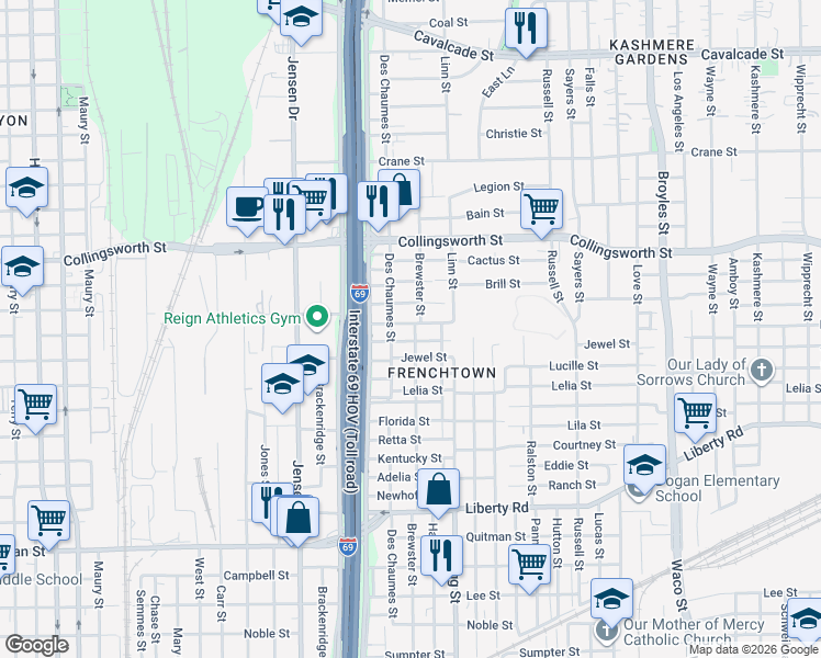 map of restaurants, bars, coffee shops, grocery stores, and more near 3210 Brewster Street in Houston
