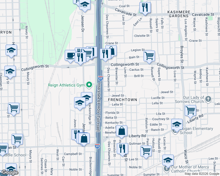 map of restaurants, bars, coffee shops, grocery stores, and more near 3213 Des Chaumes Street in Houston