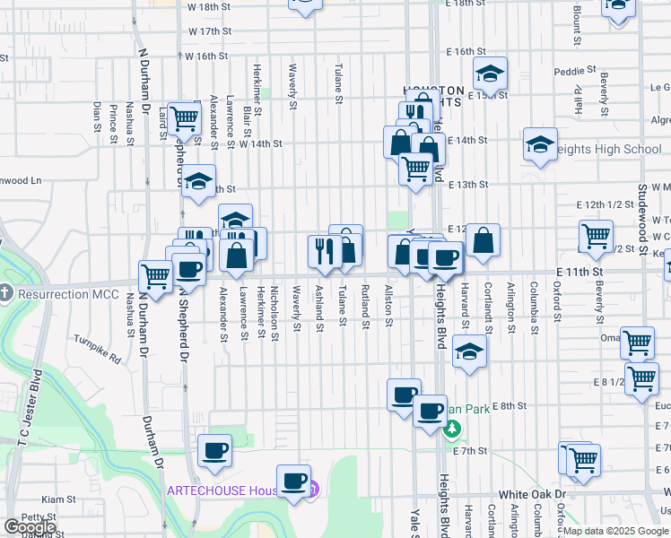 map of restaurants, bars, coffee shops, grocery stores, and more near 1128 Ashland Street in Houston