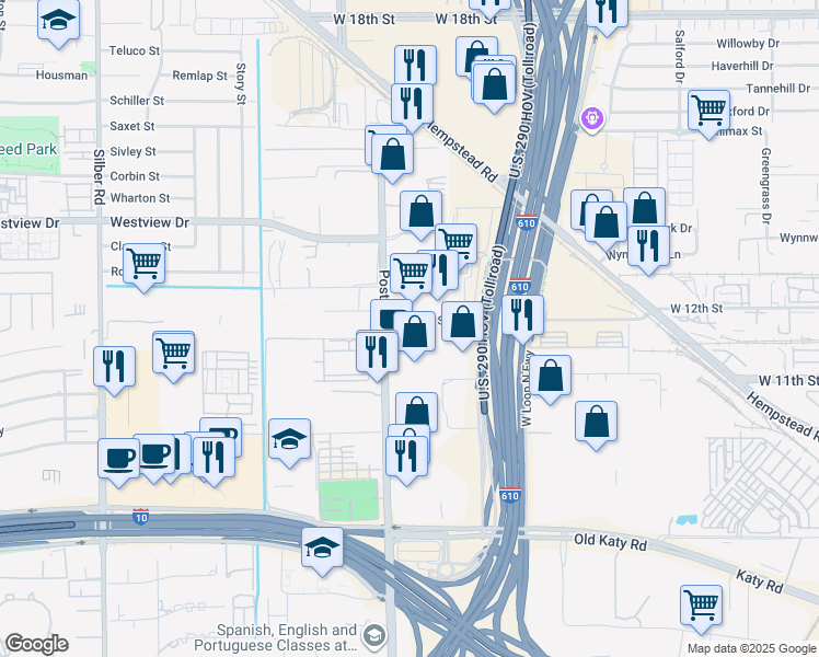 map of restaurants, bars, coffee shops, grocery stores, and more near 4450 West 12th Street in Houston