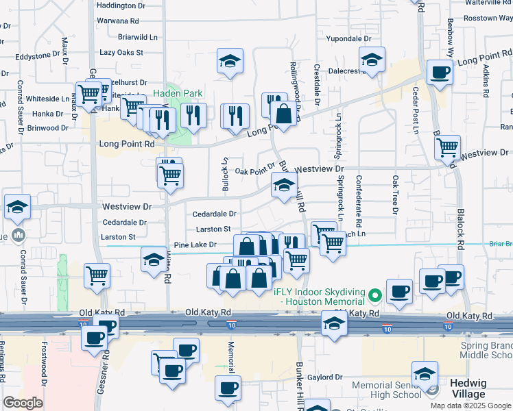 map of restaurants, bars, coffee shops, grocery stores, and more near 9802 Westview Drive in Houston