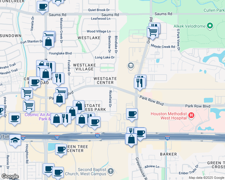 map of restaurants, bars, coffee shops, grocery stores, and more near 19321 Park Row in Houston