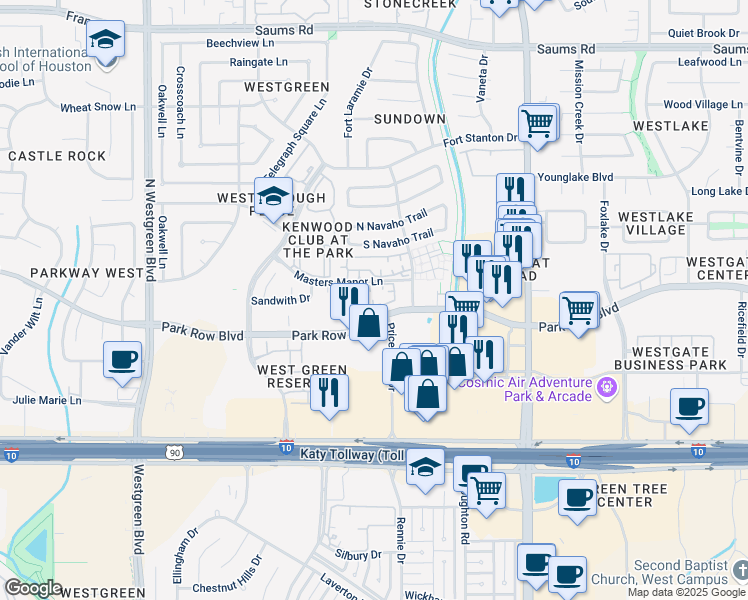 map of restaurants, bars, coffee shops, grocery stores, and more near 22 Masters Manor Lane in Katy