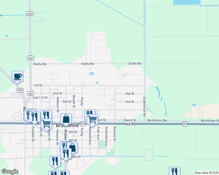map of restaurants, bars, coffee shops, grocery stores, and more near 3306 Donna Court in Brookshire