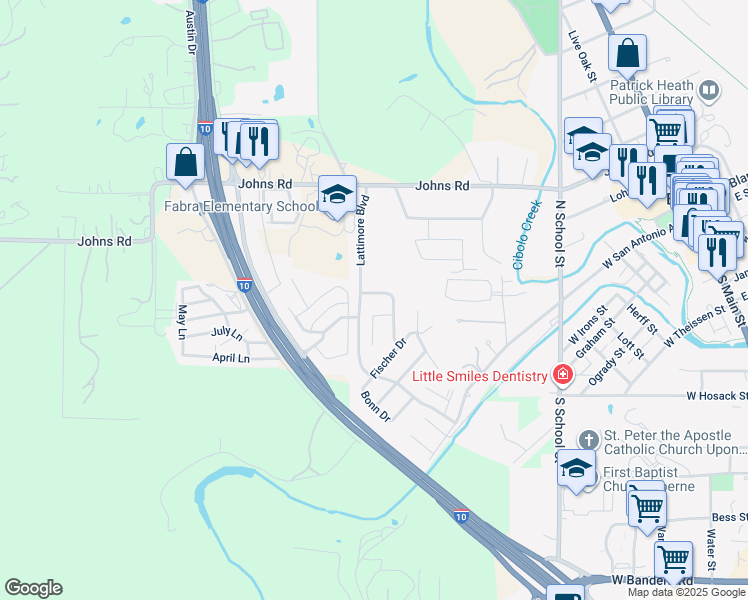 map of restaurants, bars, coffee shops, grocery stores, and more near 221 Chisholm Drive in Boerne
