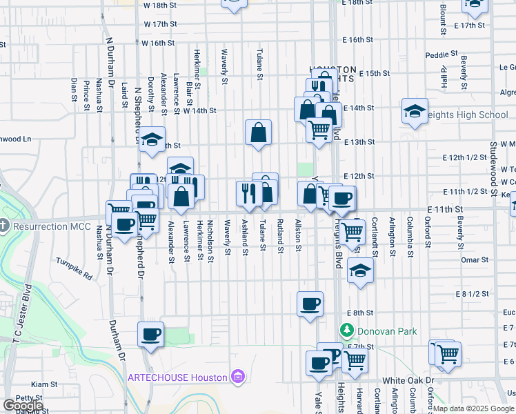 map of restaurants, bars, coffee shops, grocery stores, and more near 1128 Ashland Street in Houston