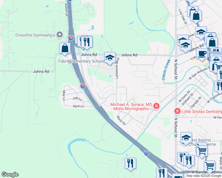 map of restaurants, bars, coffee shops, grocery stores, and more near 317 Hampton Cove in Boerne
