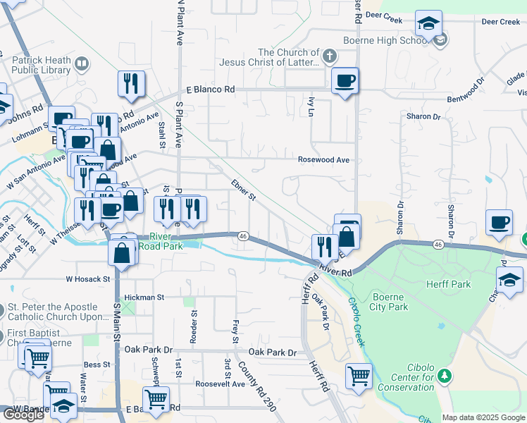 map of restaurants, bars, coffee shops, grocery stores, and more near 331 Ebner Street in Boerne