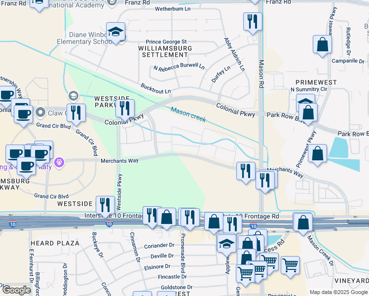 map of restaurants, bars, coffee shops, grocery stores, and more near 22330 Merchants Way in Katy