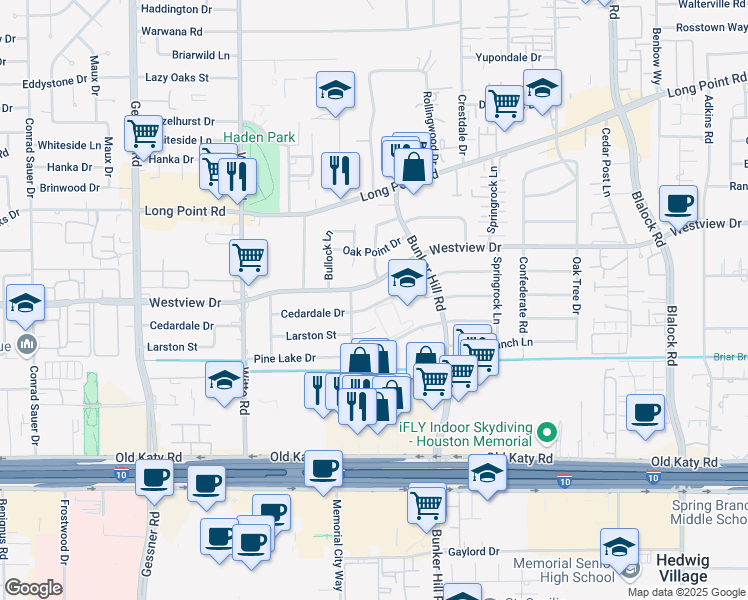 map of restaurants, bars, coffee shops, grocery stores, and more near 9802 Westview Drive in Houston