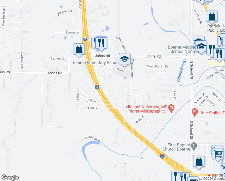 map of restaurants, bars, coffee shops, grocery stores, and more near 112 Hampton Way in Boerne