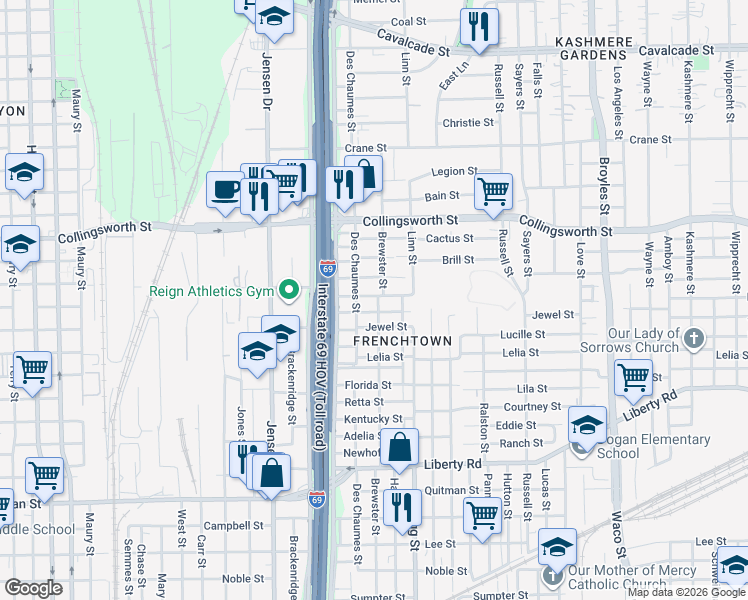 map of restaurants, bars, coffee shops, grocery stores, and more near 3210 Brewster Street in Houston