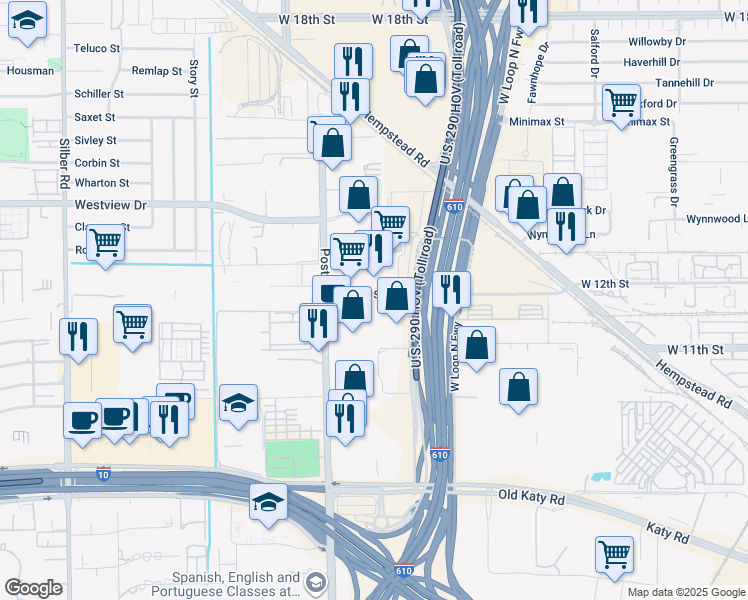 map of restaurants, bars, coffee shops, grocery stores, and more near 4435 W 12th St in Houston