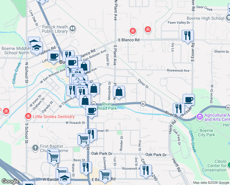 map of restaurants, bars, coffee shops, grocery stores, and more near 514 South Plant Avenue in Boerne