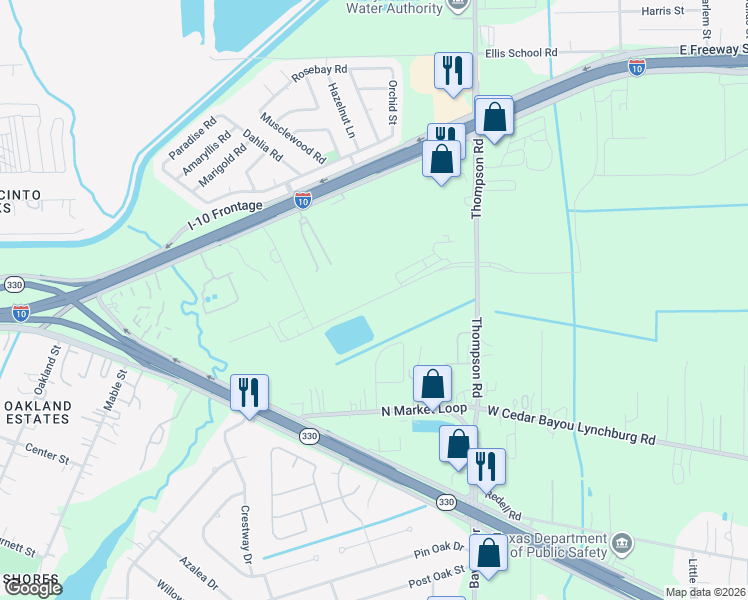 map of restaurants, bars, coffee shops, grocery stores, and more near Interstate 10 Service Road in Baytown