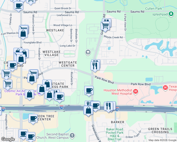 map of restaurants, bars, coffee shops, grocery stores, and more near 19250 Park Row Boulevard in Houston