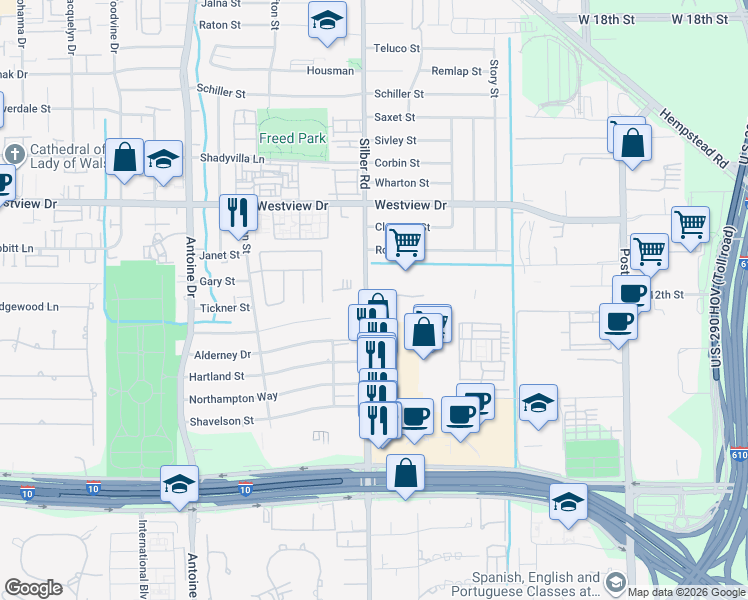 map of restaurants, bars, coffee shops, grocery stores, and more near 1200 Silber Road in Houston