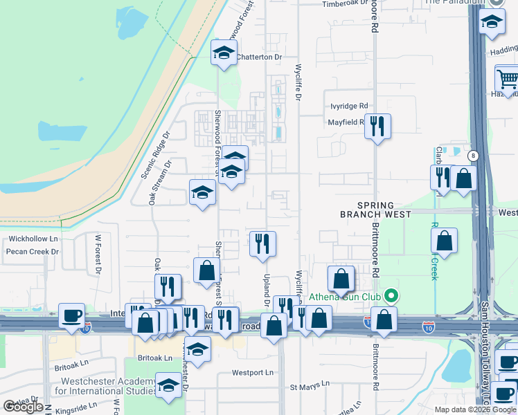map of restaurants, bars, coffee shops, grocery stores, and more near 1417 Upland Drive in Houston