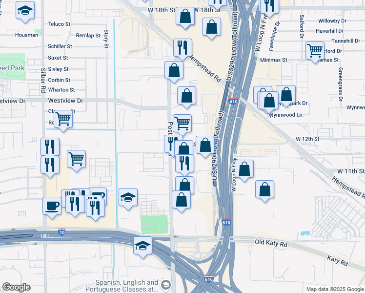 map of restaurants, bars, coffee shops, grocery stores, and more near 4450 West 12th Street in Houston