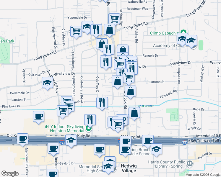 map of restaurants, bars, coffee shops, grocery stores, and more near 9516 Cedarpost Square Street in Houston