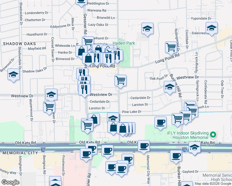map of restaurants, bars, coffee shops, grocery stores, and more near 1255 Witte Road in Houston
