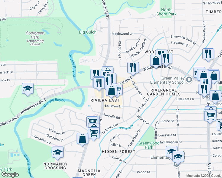 map of restaurants, bars, coffee shops, grocery stores, and more near 12600 Woodforest Boulevard in Houston