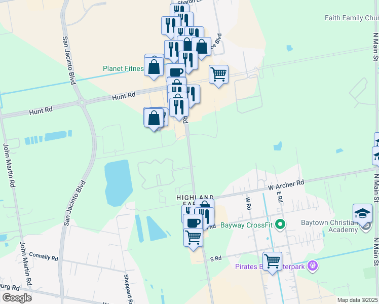 map of restaurants, bars, coffee shops, grocery stores, and more near 6113 Garth Road in Baytown