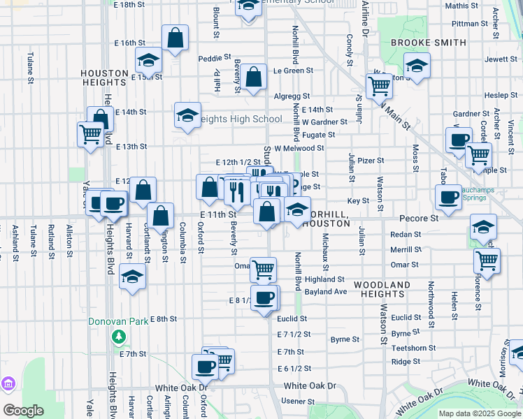map of restaurants, bars, coffee shops, grocery stores, and more near 1111 Studewood Street in Houston