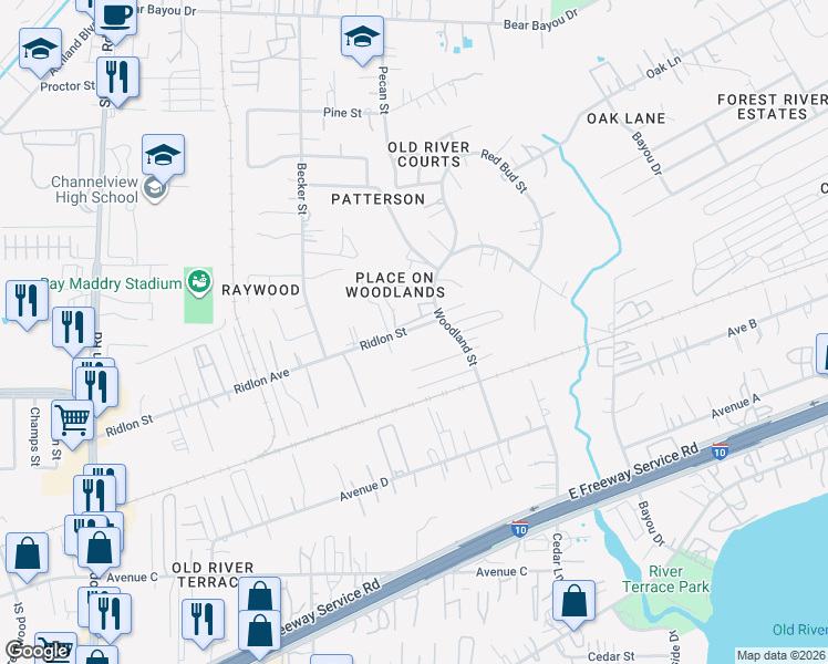 map of restaurants, bars, coffee shops, grocery stores, and more near 16233 Ridlon Street in Channelview
