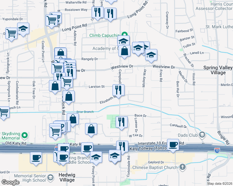 map of restaurants, bars, coffee shops, grocery stores, and more near 1241 Campbell Road in Houston