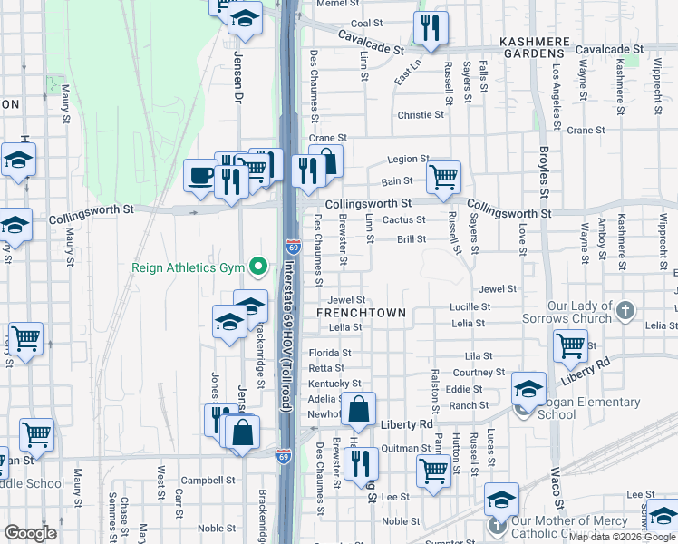 map of restaurants, bars, coffee shops, grocery stores, and more near 3210 Brewster Street in Houston