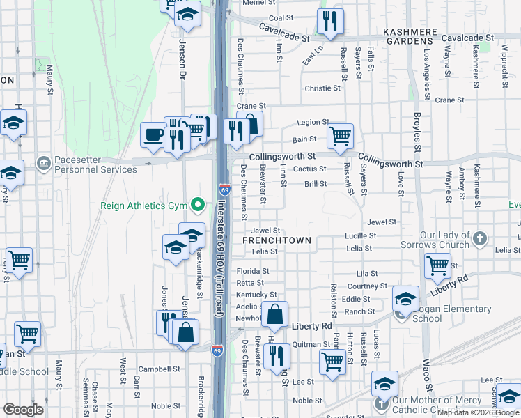 map of restaurants, bars, coffee shops, grocery stores, and more near 3210 Brewster Street in Houston