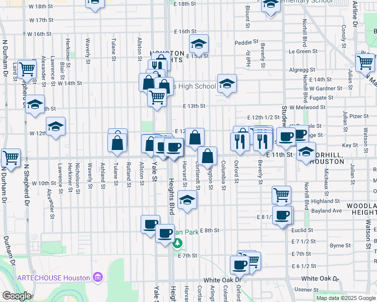 map of restaurants, bars, coffee shops, grocery stores, and more near 1121 Cortlandt Street in Houston