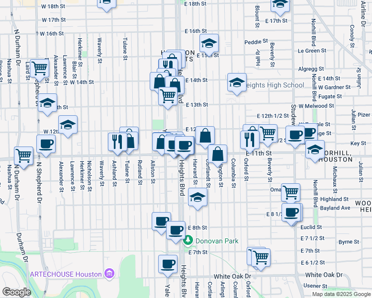 map of restaurants, bars, coffee shops, grocery stores, and more near 1128 Heights Boulevard in Houston