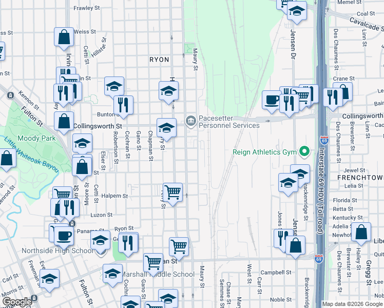 map of restaurants, bars, coffee shops, grocery stores, and more near 3319 Maury Street in Houston