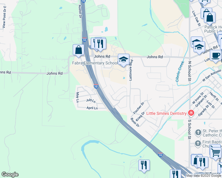 map of restaurants, bars, coffee shops, grocery stores, and more near 120 Hampton Way in Boerne