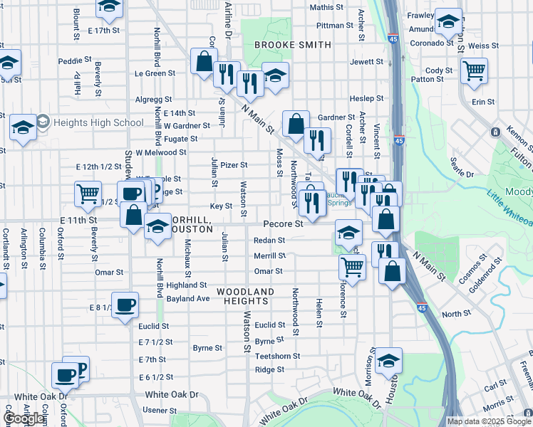 map of restaurants, bars, coffee shops, grocery stores, and more near 3712 Reagan Street in Houston