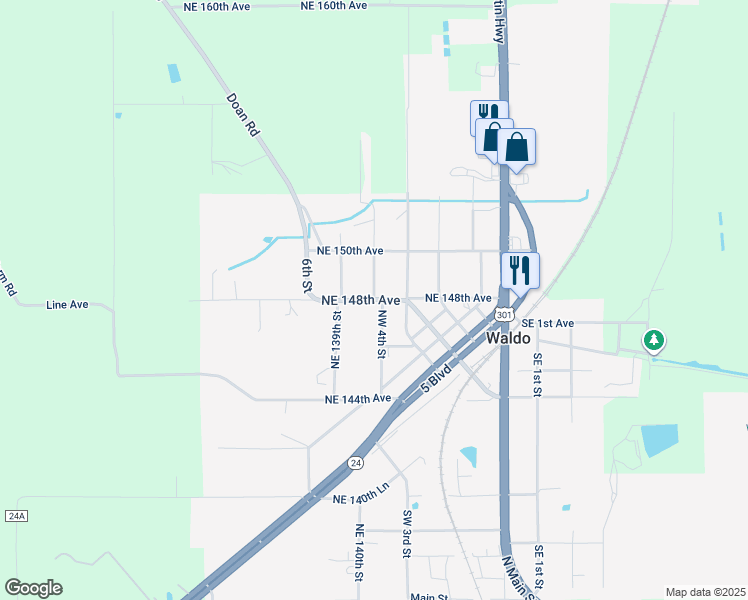 map of restaurants, bars, coffee shops, grocery stores, and more near Northeast 141st Street in Waldo