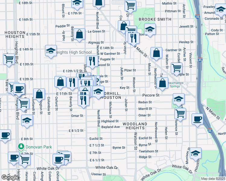 map of restaurants, bars, coffee shops, grocery stores, and more near 919 Key Street in Houston