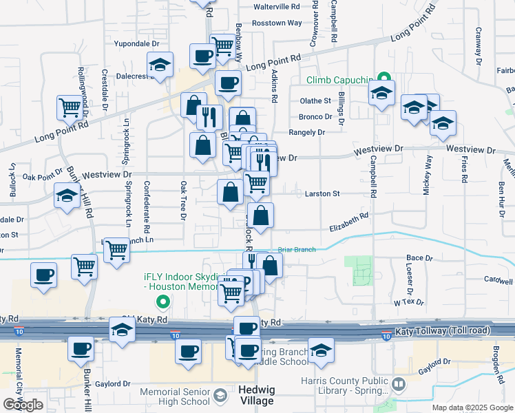 map of restaurants, bars, coffee shops, grocery stores, and more near 1260 Blalock Road in Houston