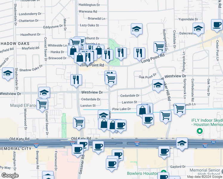 map of restaurants, bars, coffee shops, grocery stores, and more near 9936 Westview Drive in Houston