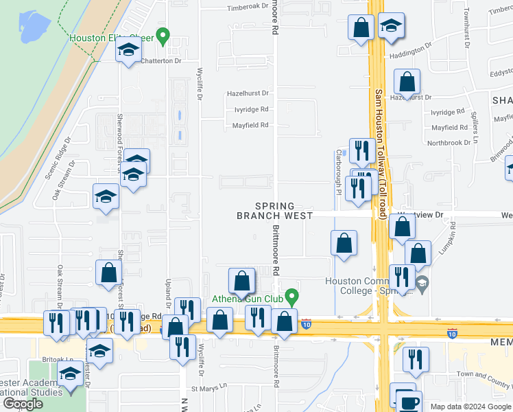 map of restaurants, bars, coffee shops, grocery stores, and more near 1187 Brittmoore Rd in Houston