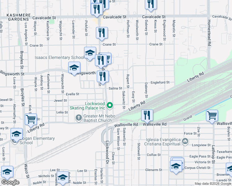 map of restaurants, bars, coffee shops, grocery stores, and more near 5512 Salina Street in Houston